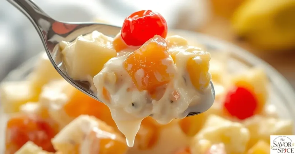 A close-up shot of creamy Ambrosia Salad recipe topped with cherries and coconut flakes in a glass bowl.