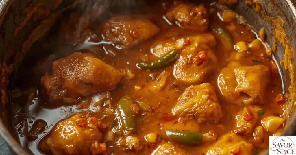 Jamaican Curry Chicken served on a plate with fluffy white rice, fried plantains, and fresh herbs, prepared without coconut milk.