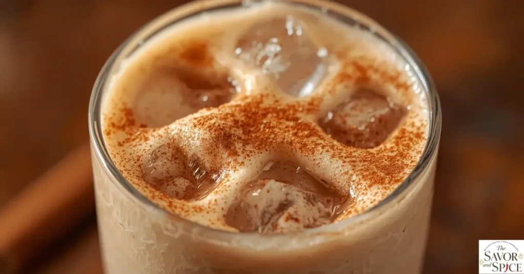 Close-up of a glass of authentic horchata recipe with ice cubes and a cinnamon stick garnish, showing creamy texture and smooth consistency.