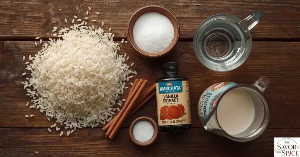 Ingredients for authentic horchata recipe: long-grain white rice, cinnamon sticks, sugar, milk, vanilla extract, and water arranged on a rustic wooden table.