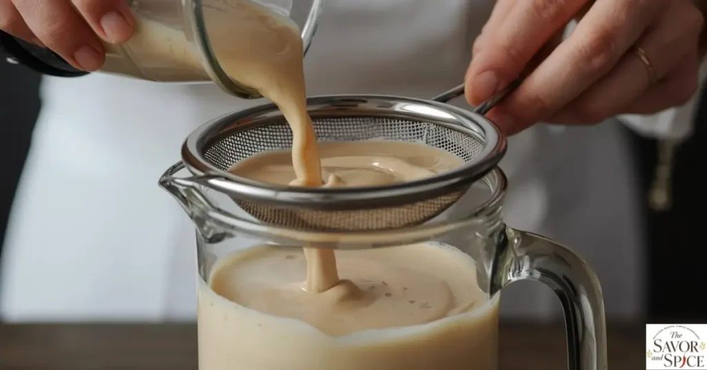 Straining blended rice and cinnamon mixture into a glass pitcher to make authentic horchata recipe.