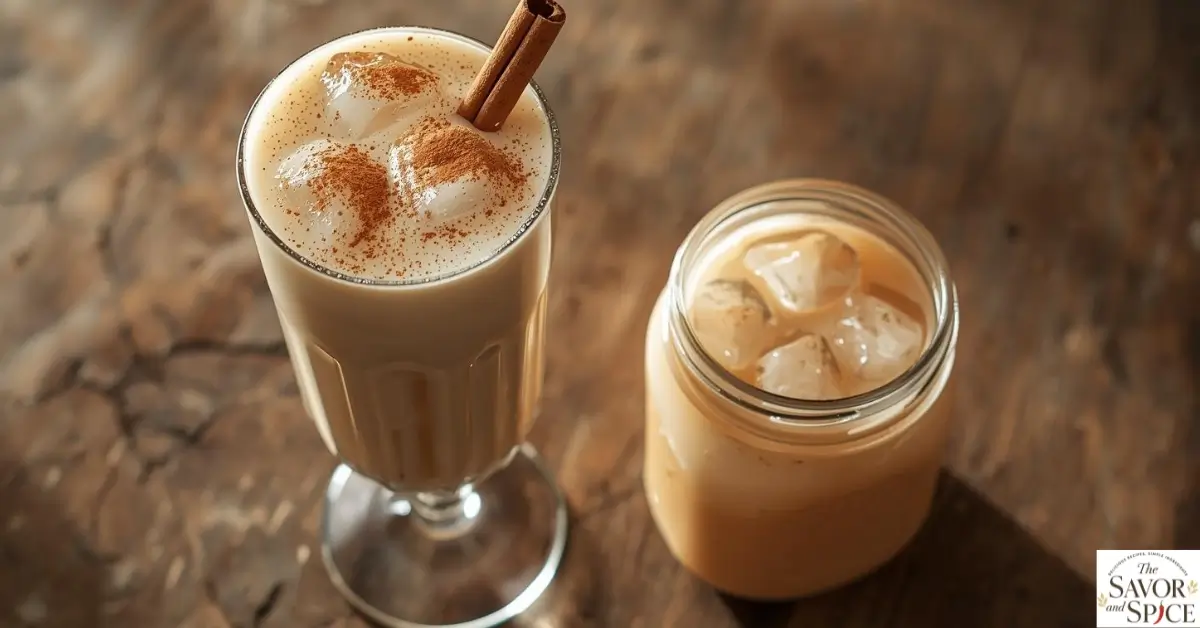 Glass of authentic horchata recipe with ice cubes, cinnamon powder dust, and cinnamon stick, next to a jar filled with horchata on a rustic wooden table.