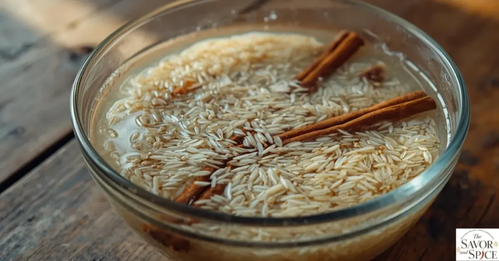 Rice and cinnamon sticks soaking in water for authentic horchata recipe, step 1.