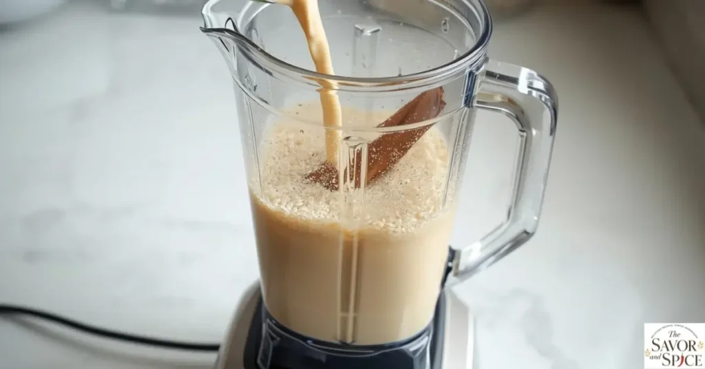 Full blender blending soaked rice and cinnamon with cold water to make authentic horchata recipe