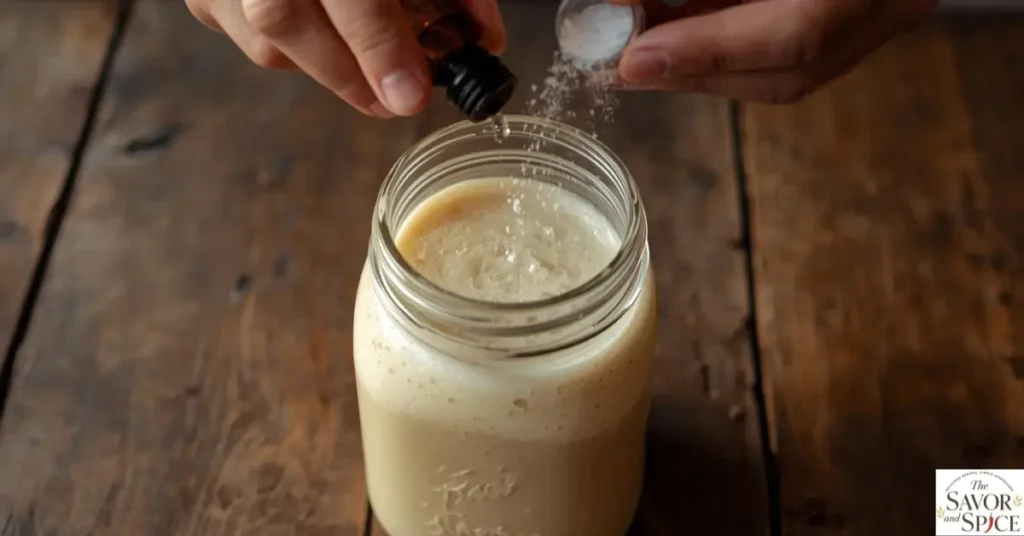 Adding vanilla extract to the strained horchata mixture in a glass pitcher to make authentic horchata recipe.