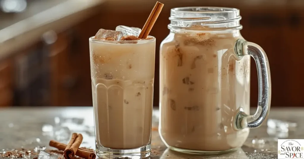 Final glass of authentic horchata recipe served ice-cold with a cinnamon stick and cinnamon powder dusting, next to a jar filled with horchata.