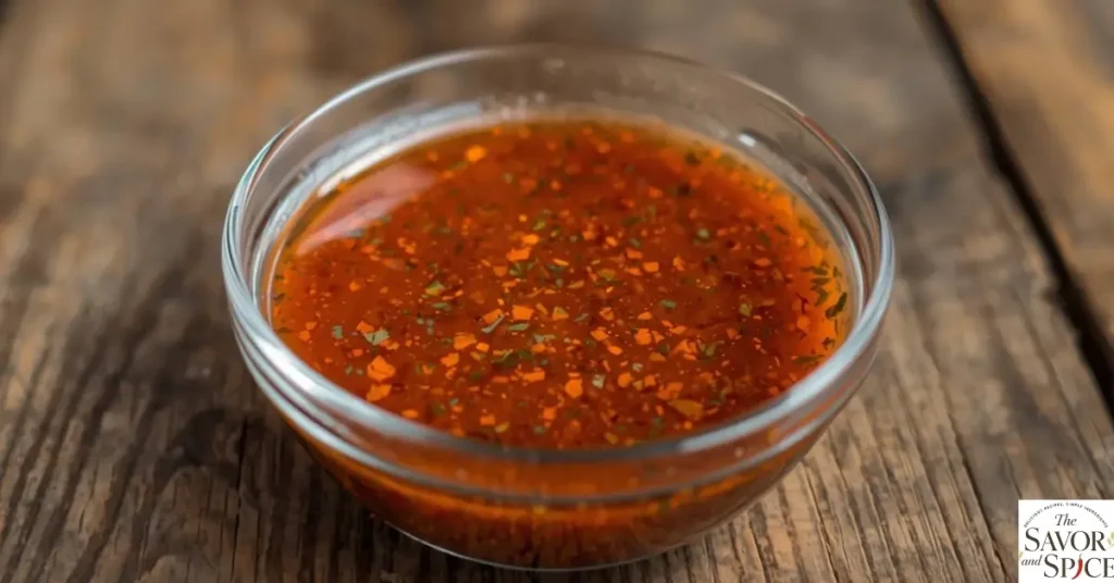 Fresh carne asada marinade in a glass bowl with citrus, garlic, and spices.