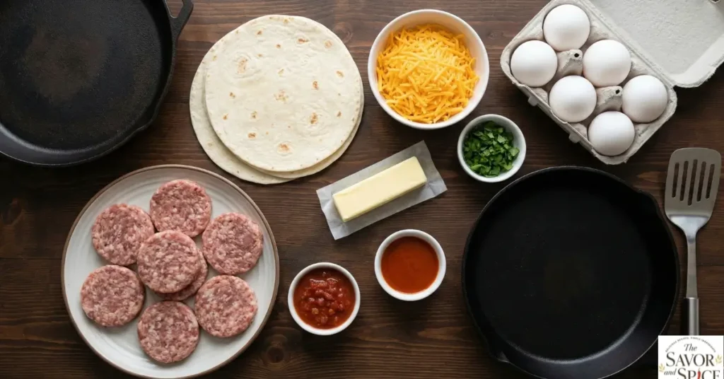 Ingredients for Sausage Breakfast Smash Tacos on dark brown wooden table, including sausage, eggs, tortillas, and cheese.