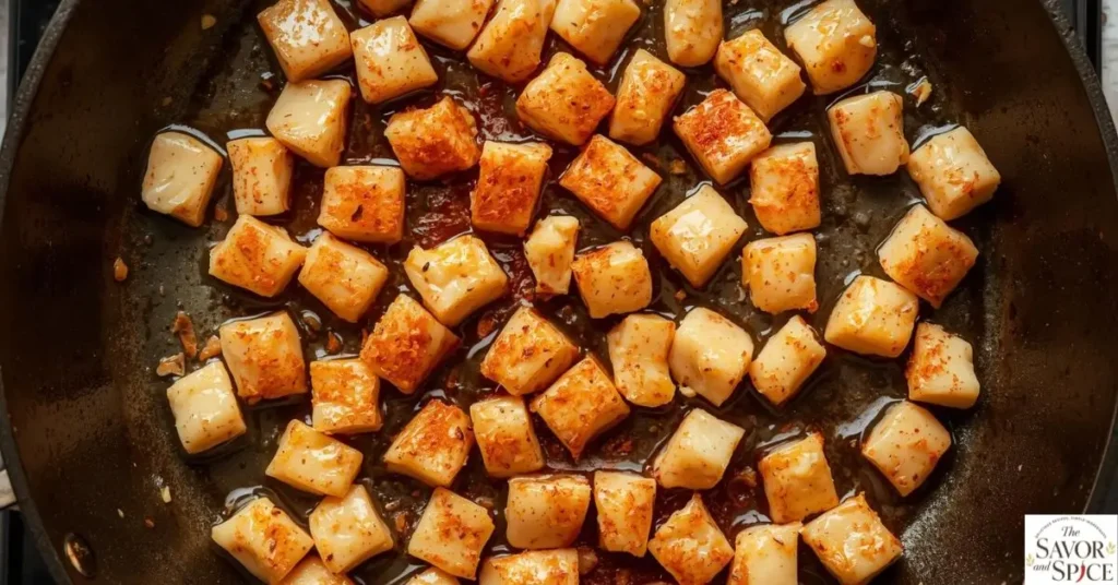 adding paprika to seared chicken bites and minced garlic.