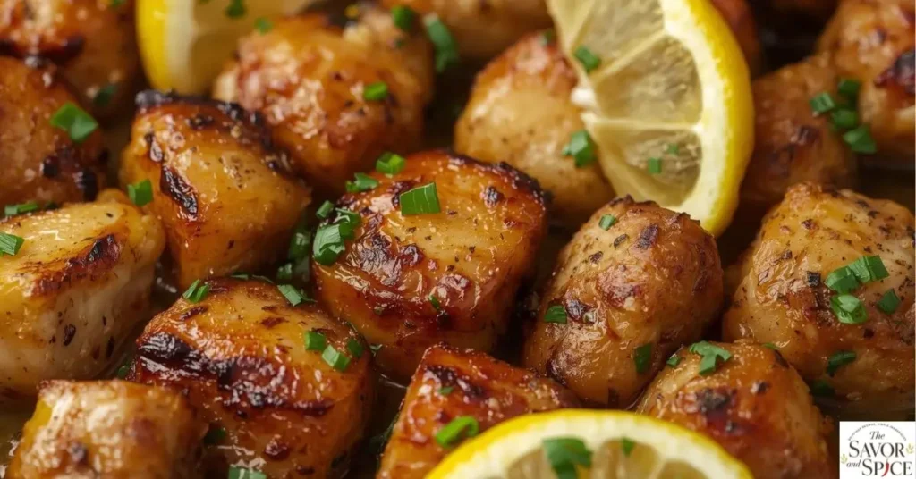 Garlic butter chicken bites garnished with chopped parsley and a lemon wedge, served in a skillet.
