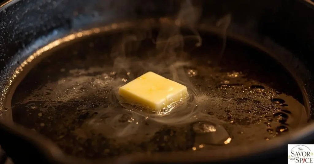 Butter melting in a skillet over medium heat, ready for cooking garlic butter chicken bites
Butter melting in a skillet over medium heat, ready for cooking garlic butter chicken bites.