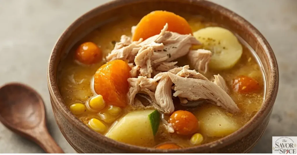 Bowl of traditional Caldo de Pollo recipe with shredded chicken, carrots, zucchini, corn, and potatoes in golden broth.