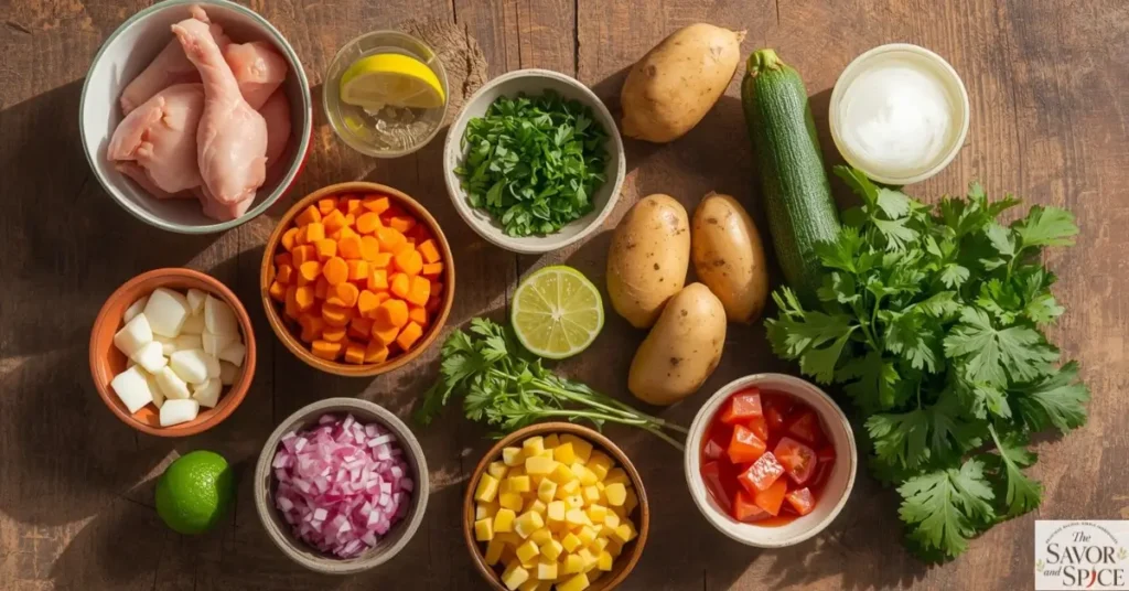 Fresh ingredients for Caldo de Pollo recipe including chicken, carrots, zucchini, corn, potatoes, onion, garlic, tomato, cilantro, and lime arranged on a rustic surface.
