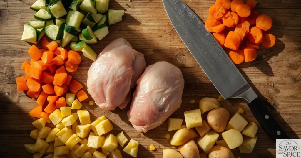 Raw chicken pieces and chopped vegetables including carrots, zucchini, corn, and potatoes being prepped for a Caldo de Pollo recipe on a wooden cutting board.