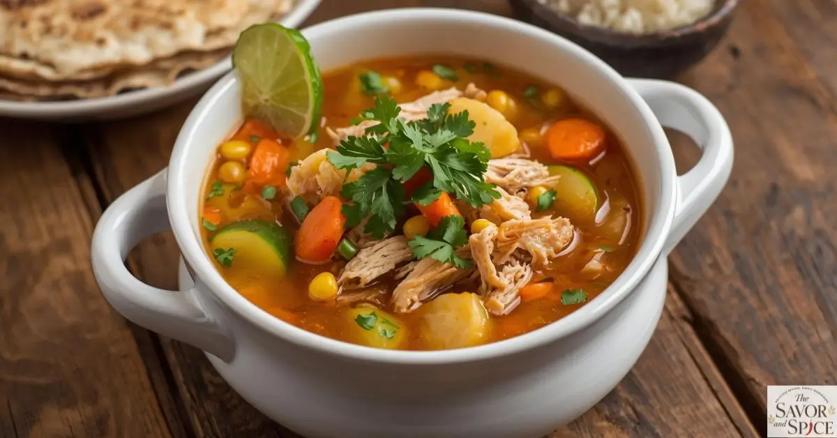 Bowl of Caldo de Pollo recipe Mexican chicken soup with shredded chicken, carrots, zucchini, corn, and potatoes, garnished with cilantro and lime.