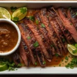 Juicy grilled carne asada sliced on a wooden board with a small bowl of homemade carne asada marinade, lime wedges, and cilantro.
