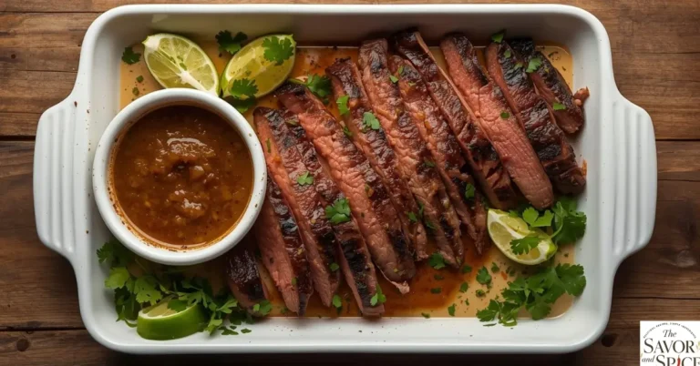 Juicy grilled carne asada sliced on a wooden board with a small bowl of homemade carne asada marinade, lime wedges, and cilantro.