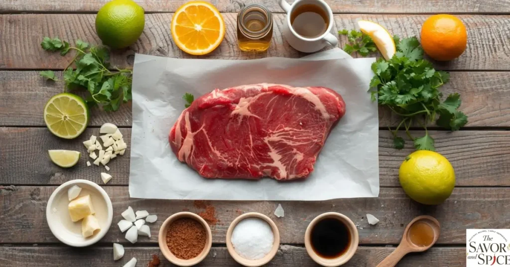 Ingredients for carne asada marinade & carne asada arranged neatly on a wooden table.