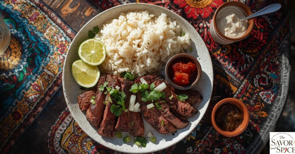 Plated sliced carne asada steak served with lime, cilantro, onions, and Mexican rice.