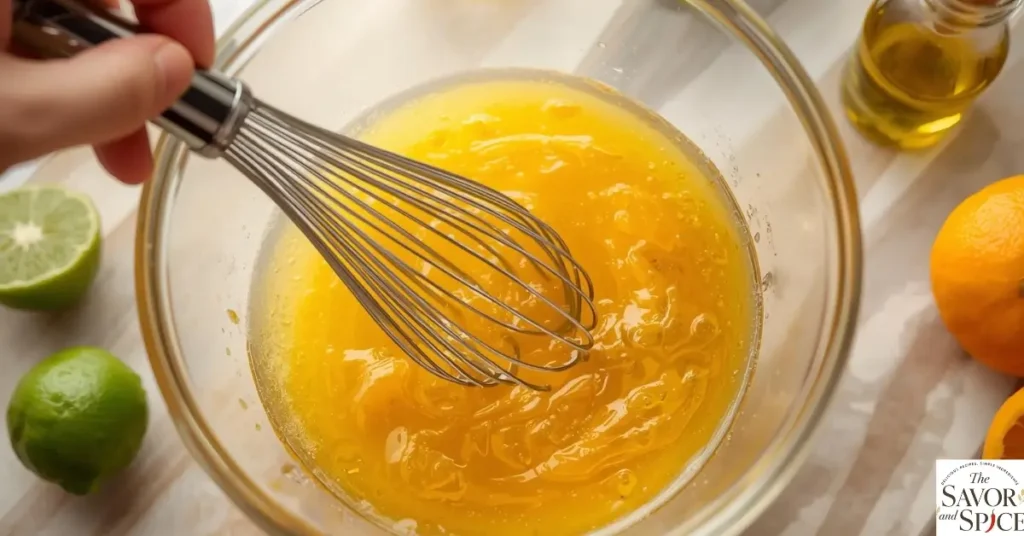 Mixing lime juice, orange juice, and olive oil in a bowl for carne asada marinade.