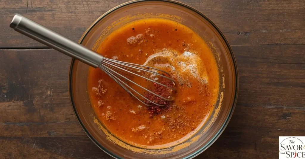 Fully mixed carne asada marinade with citrus, garlic, spices, and cilantro in a bowl.