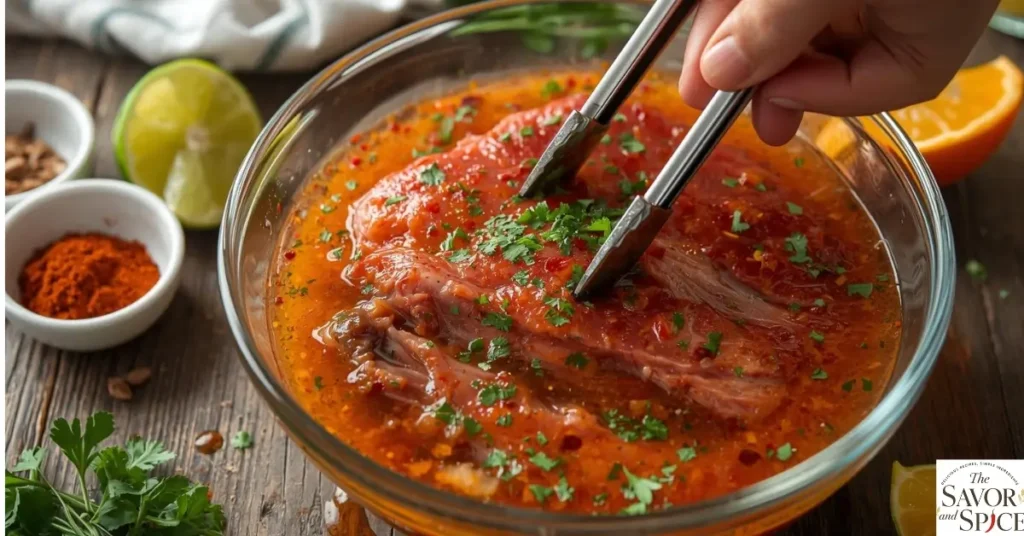 Raw beef being coated in carne asada marinade with fresh cilantro in a bowl.