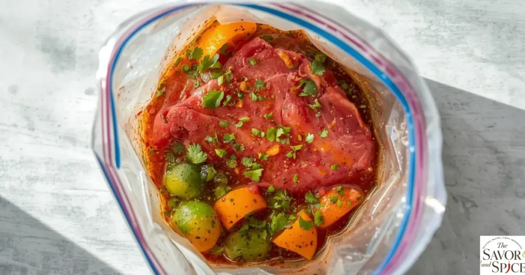 Raw steak marinating in a resealable bag with carne asada marinade and fresh cilantro.