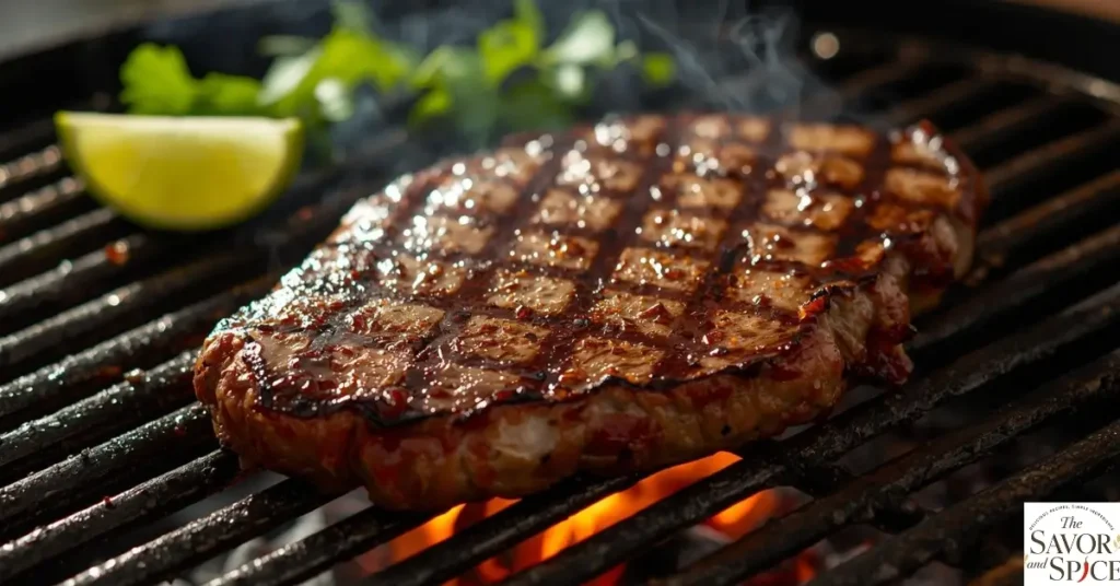 Carne asada steak grilling on a barbecue with char marks and smoke.