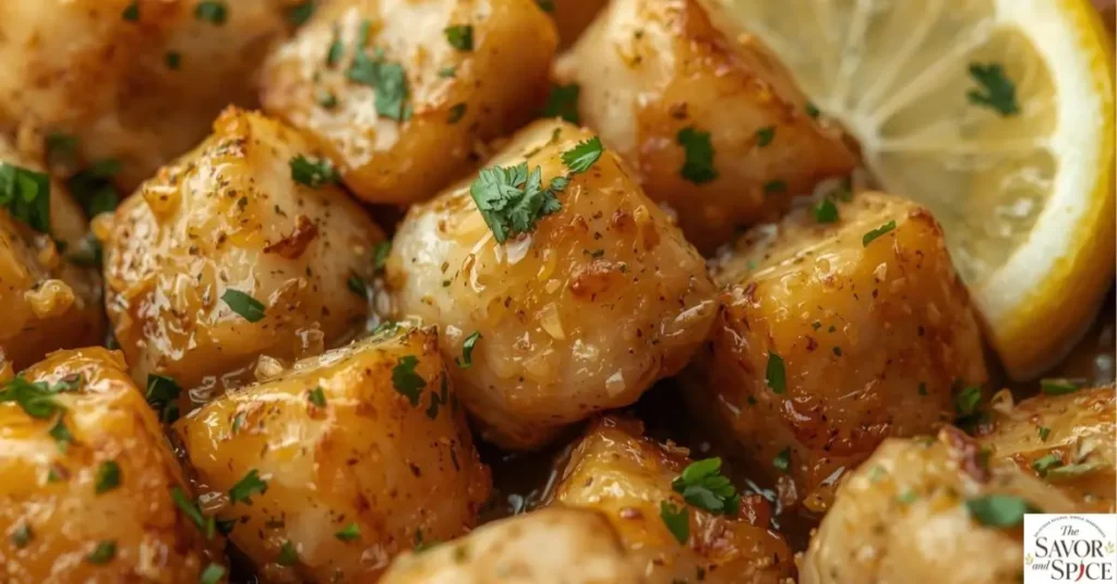 Garlic Butter Chicken Bites ready to serve - garnished with fresh parsley and a touch of lemon.
