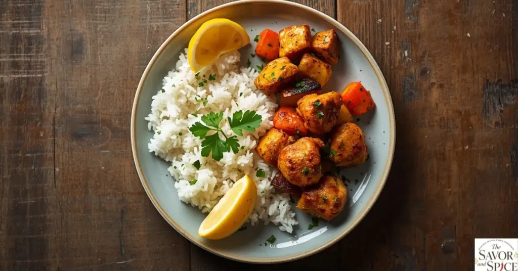 Plated garlic butter chicken bites served with fluffy white rice and roasted vegetables, garnished with parsley and a lemon wedge.
