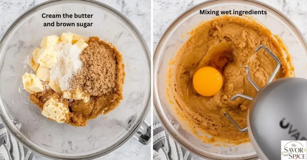 Collage of gluten-free pecan pie cookie dough preparation: left, softened butter with brown and granulated sugar being creamed; right, egg and vanilla being mixed into the butter-sugar mixture in a glass bowl.