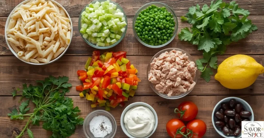 All ingredients for tuna pasta salad neatly arranged on a wooden table, including pasta, canned tuna, chopped celery, bell peppers, red onion, mayonnaise, lemon, and optional add-ins.