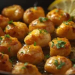 Close-up of golden garlic butter chicken bites in a rustic skillet, garnished with parsley and lemon, juicy and flavorful.