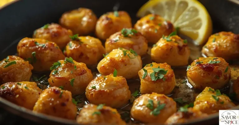 Close-up of golden garlic butter chicken bites in a rustic skillet, garnished with parsley and lemon, juicy and flavorful.