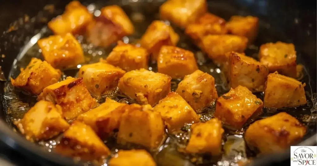Bite-sized chicken pieces searing in a skillet until golden brown for lemon garlic butter chicken bites.
