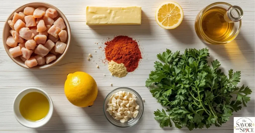 Flat lay of ingredients for garlic butter chicken bites including bite-sized chicken pieces, butter, garlic, paprika, olive oil, lemon, and fresh parsley on a wooden surface.
