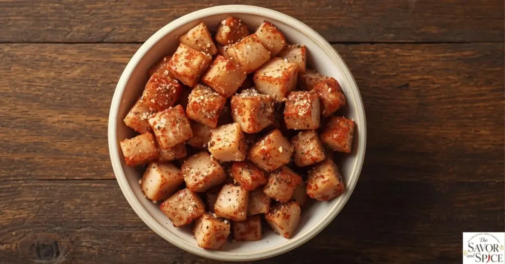 Bite-sized chicken pieces being seasoned with salt, pepper, and paprika for garlic butter chicken bites in a bowl.

