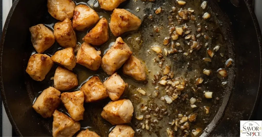 Minced garlic added to a skillet with seared chicken pieces for garlic butter chicken bites.
