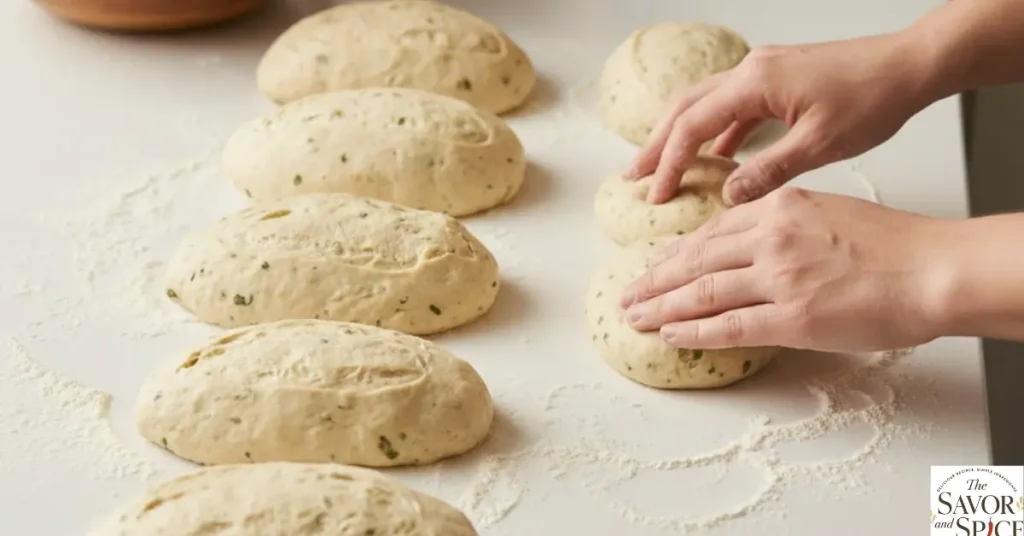 Hands shaping soft Italian Herb and Cheese Bread dough into a loaf on a clean kitchen counter.