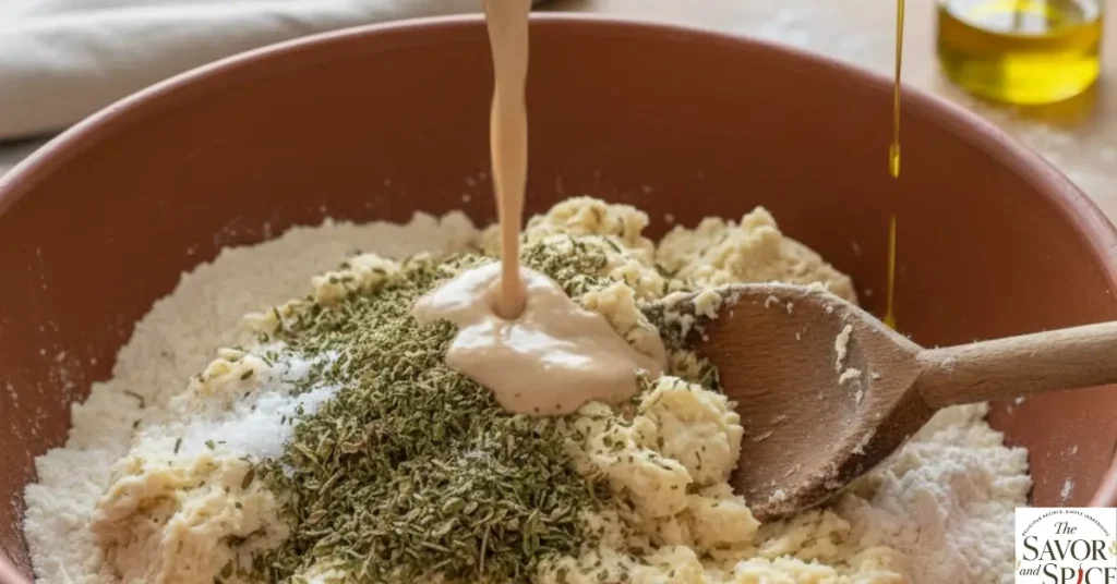 Flour, salt, and Italian herbs being mixed with activated yeast and olive oil in a bowl, with a wooden spoon starting to form the dough.