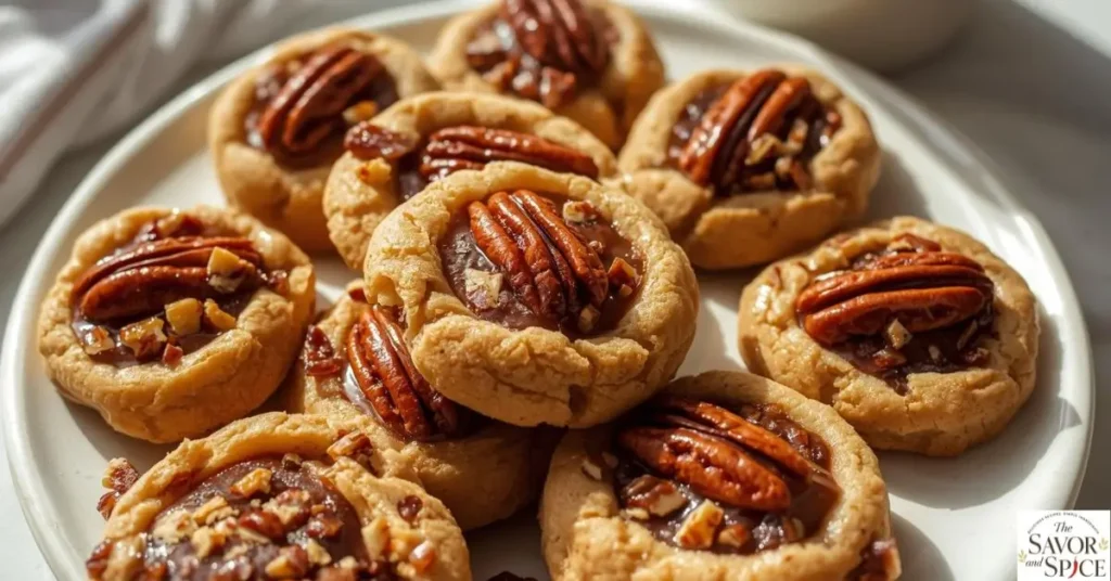 Gluten-free pecan pie cookies arranged on a white ceramic plate, topped with chopped pecans and glossy pecan filling, photographed in natural light.