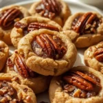 Gluten-free pecan pie cookies arranged on a white ceramic plate, topped with chopped pecans and glossy pecan filling, photographed in natural light.