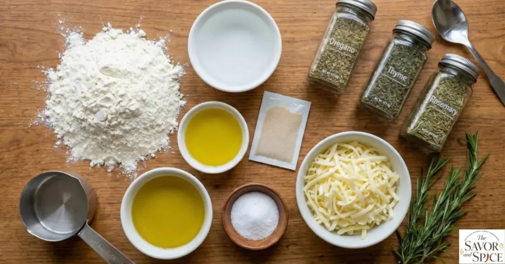 Ingredients for Italian herb and garlic cheese bread arranged on a table, including flour, yeast, warm water, olive oil, Italian seasoning, mozzarella, and parmesan.