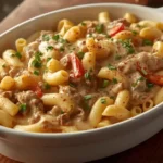 Creamy Hamburger Helper Stroganoff in a white bowl with elbow macaroni, beef, and sour cream sauce, garnished with parsley and paprika.
