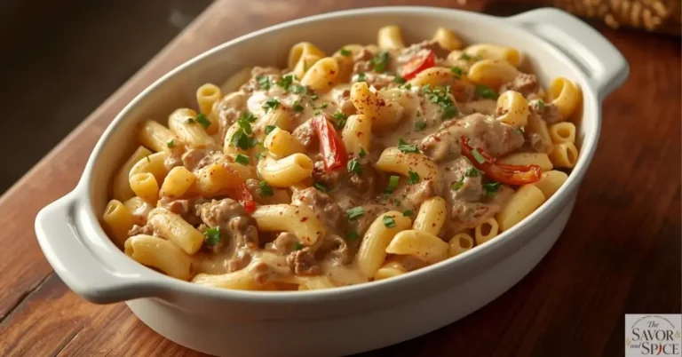 Creamy Hamburger Helper Stroganoff in a white bowl with elbow macaroni, beef, and sour cream sauce, garnished with parsley and paprika.