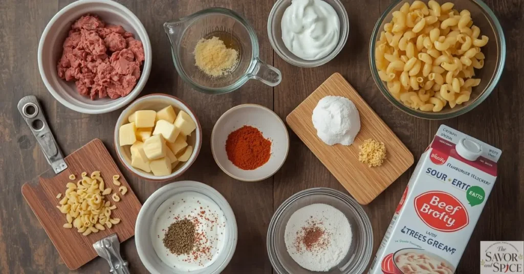 Fresh ingredients for Homemade Hamburger Helper Stroganoff arranged on a wooden kitchen countertop, including ground beef, chopped onion and garlic, elbow macaroni, sour cream, butter, and spices, in a cozy home cooking setting.