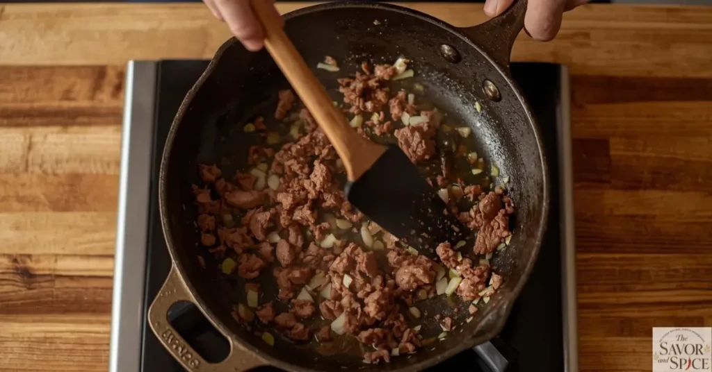 Brown the beef & build flavor to make homemade hamburger helper stroganoff.
