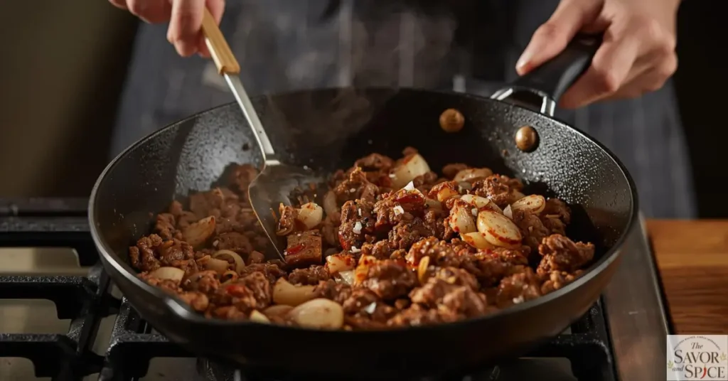 Seasoning sautéd beef and onions to make Homemade Hamburger Helper Stroganoff .