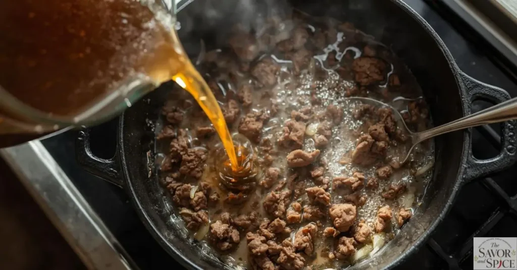 Adding broth in skillet to make homemade hamburger helper stroganoff.