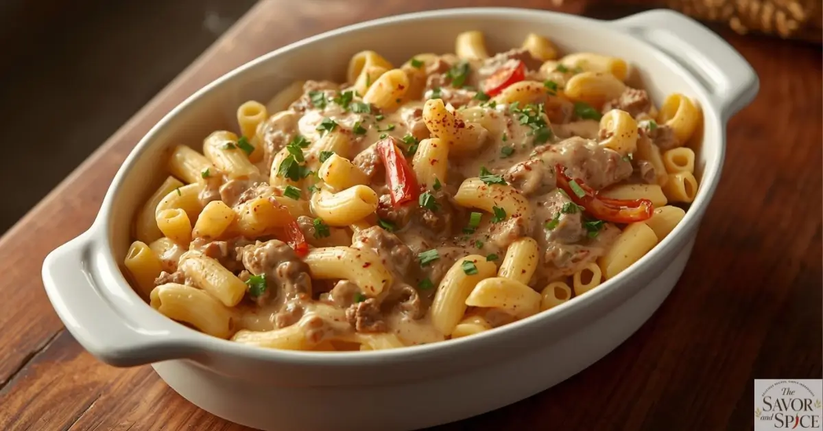 Creamy Hamburger Helper Stroganoff in a white bowl with elbow macaroni, beef, and sour cream sauce, garnished with parsley and paprika.